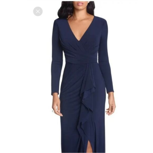 Betsy & Adam Navy blue cascading side ruffle long dress high slit  sz 12 - Picture 9 of 11